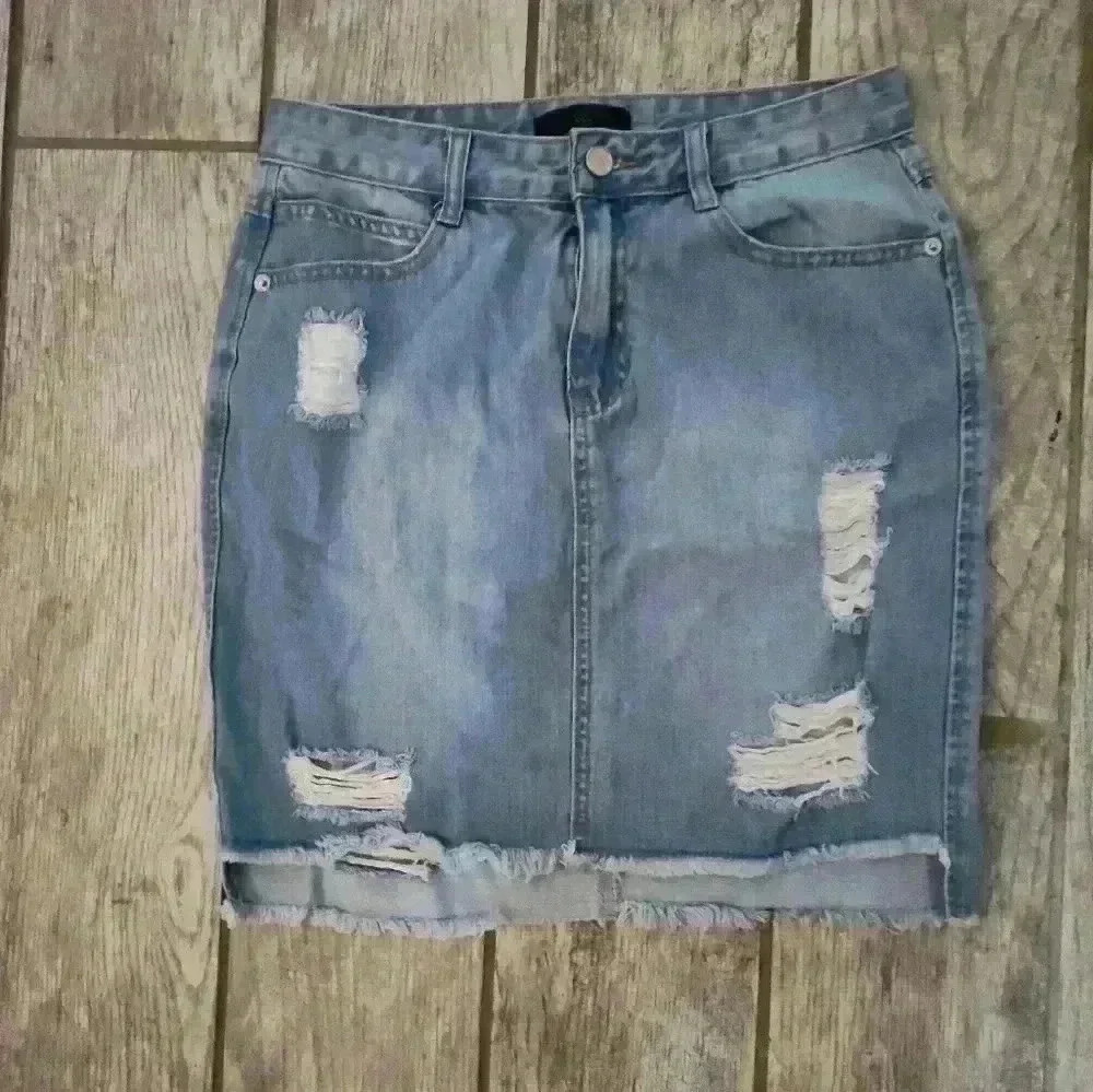 Missguided Light Blue Distressed Denim Jean Short Skirt Size 6 #279